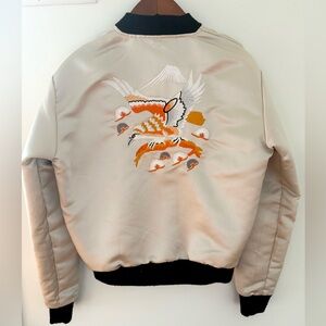 UO Urban Outfitters BOMBER Embroidered EAGLE Satin Bomber Jacket Cream Size S